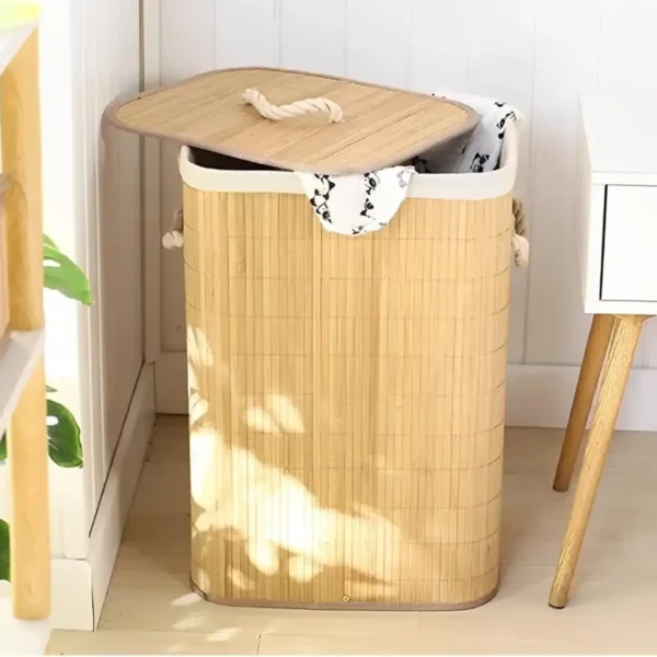 Cesto de Roupa Suja de Bambu Dobrável Organizador
