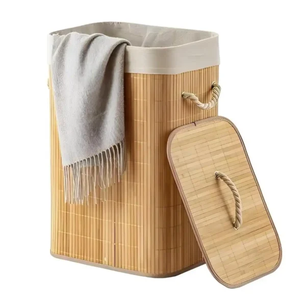 Cesto de Roupa Suja de Bambu Dobrável Organizador - Imagem 2