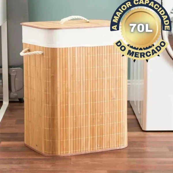 Cesto Roupa Suja 70 LITROS de Bambu com Tampa Retangular - Imagem 5