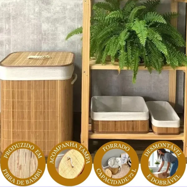 Cesto Roupa Suja 70 LITROS de Bambu com Tampa Retangular - Imagem 6