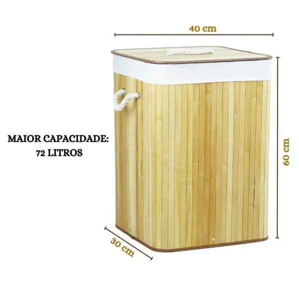 Cesto Roupa Suja 70 LITROS de Bambu com Tampa Retangular - Imagem 3