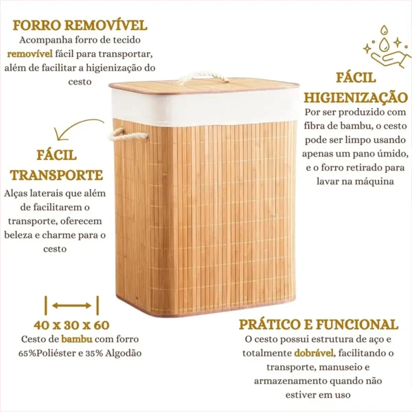 Cesto Roupa Suja 70 LITROS de Bambu com Tampa Retangular - Imagem 2
