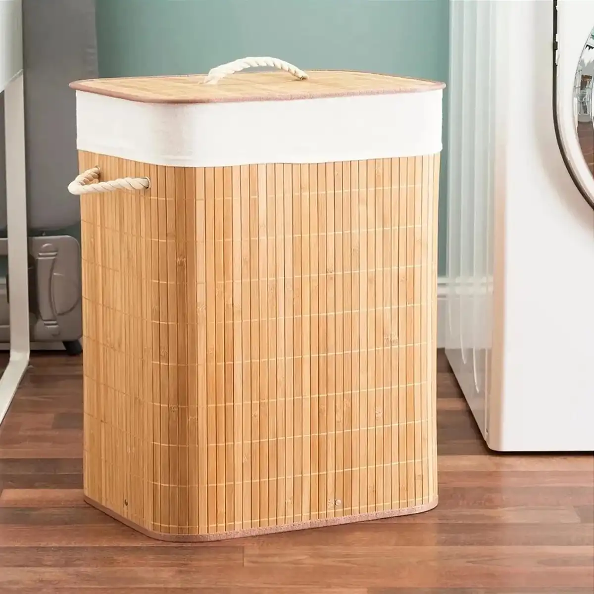 Cesto Roupa Suja 70 LITROS de Bambu com Tampa Retangular