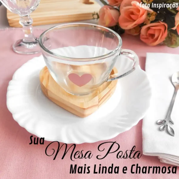 Jogo de Xícaras Café Chá com Pires de Madeira Coração - Imagem 3
