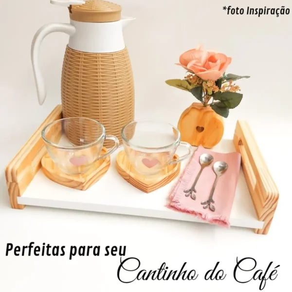 Jogo de Xícaras Café Chá com Pires de Madeira Coração - Imagem 2