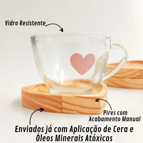 Jogo de Xícaras Café Chá com Pires de Madeira Coração - Imagem 9