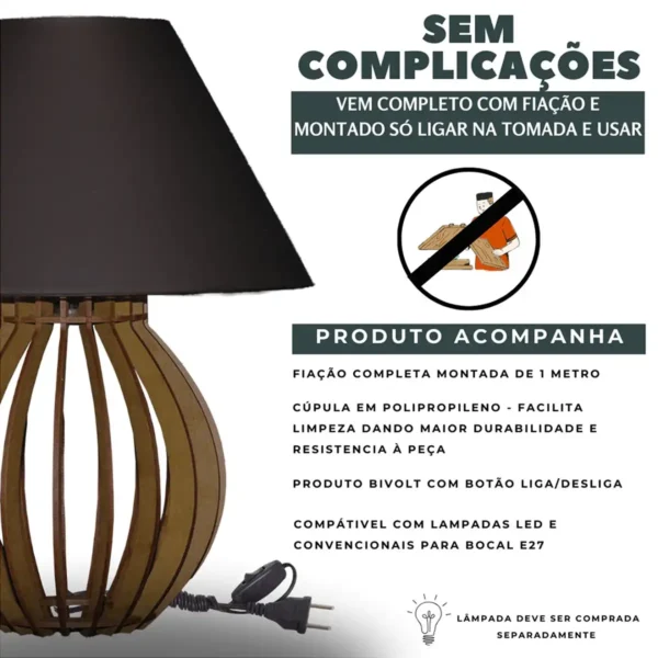 Abajur de Cabeceira Luminárias Kit de MDF Mesa e Quarto - Imagem 5