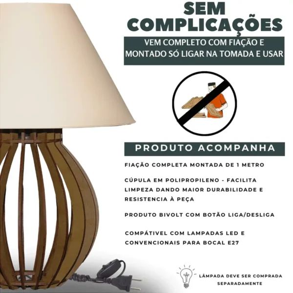Abajur de Cabeceira Luminárias Kit de MDF Mesa e Quarto - Imagem 4