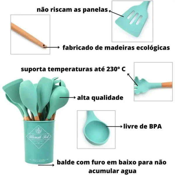 jogo de utensílios de silicone Kit 5/12 Cabo de Madeira MasterChef - Imagem 9