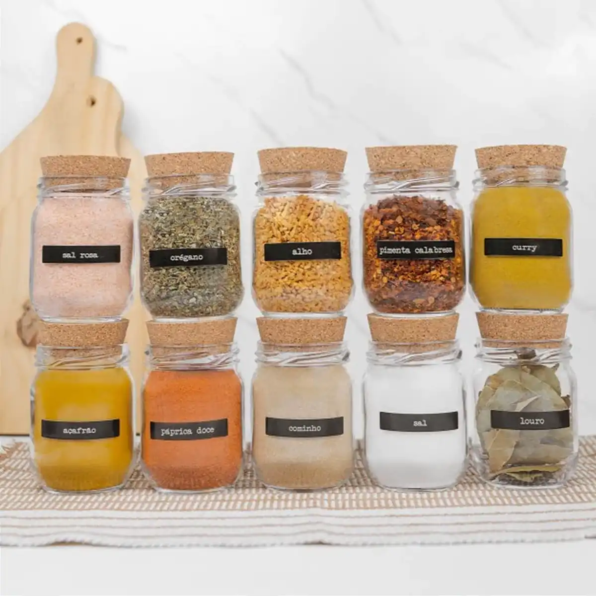10 Potes para Temperos 200ml + Cartela com 28 Adesivos