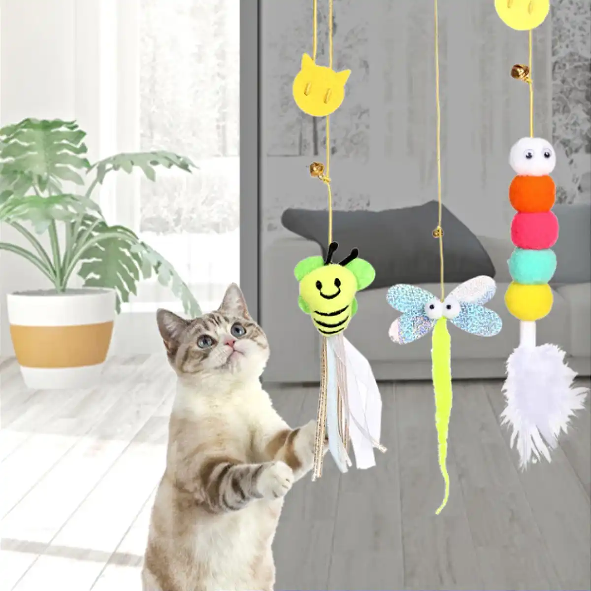 Brinquedos para Gato Lagarta Interativo com Pena Sino e Corda para Pendurar