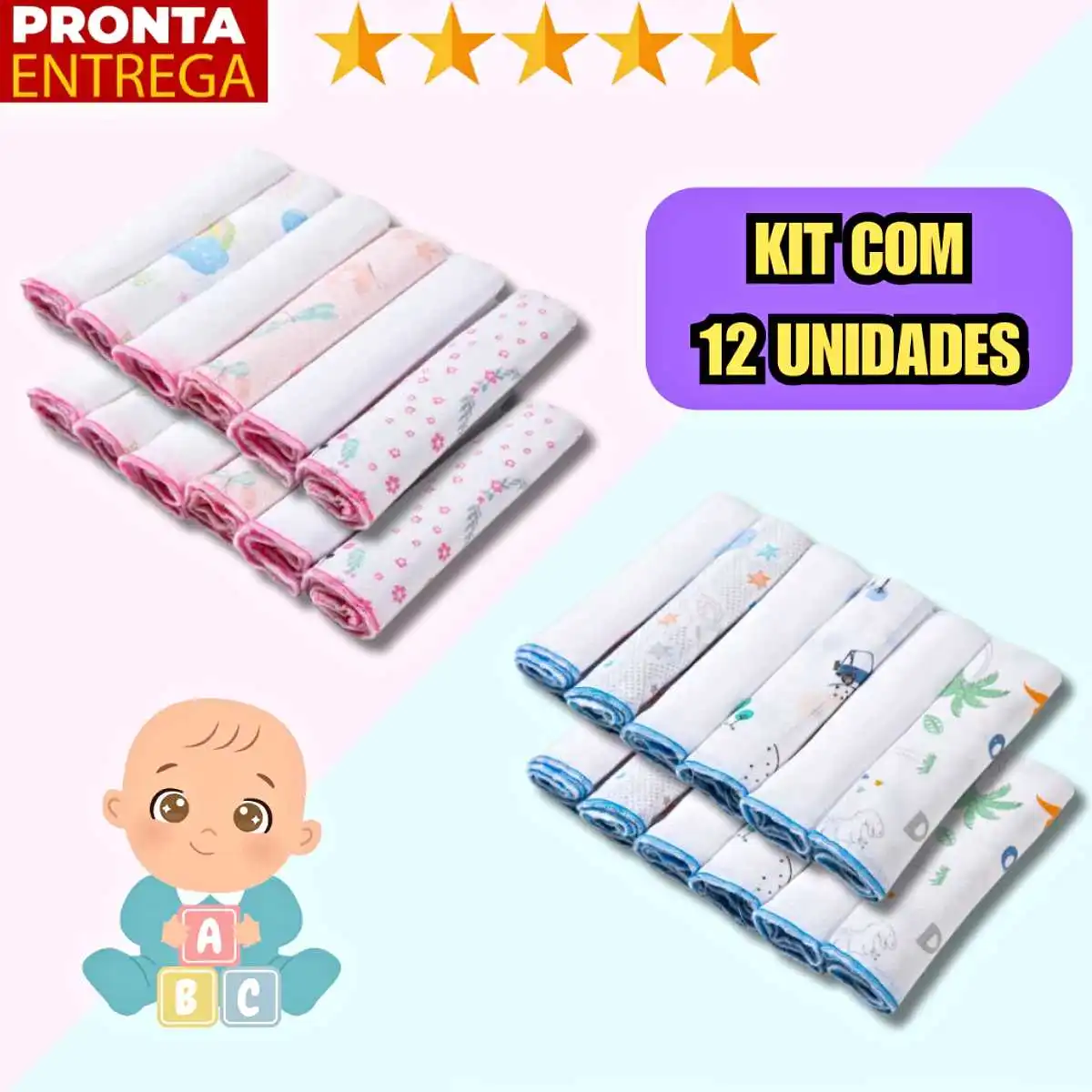 Paninho de boca bebe 12 Unidades Fralda 100% Algodão 30cm x 30cm