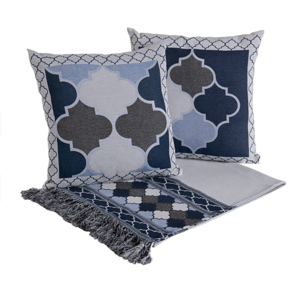 Xale Para Sofá Manta 5 Peças Grécia com Almofadas Cheias em Tecido Jacquard Azul - Imagem 5