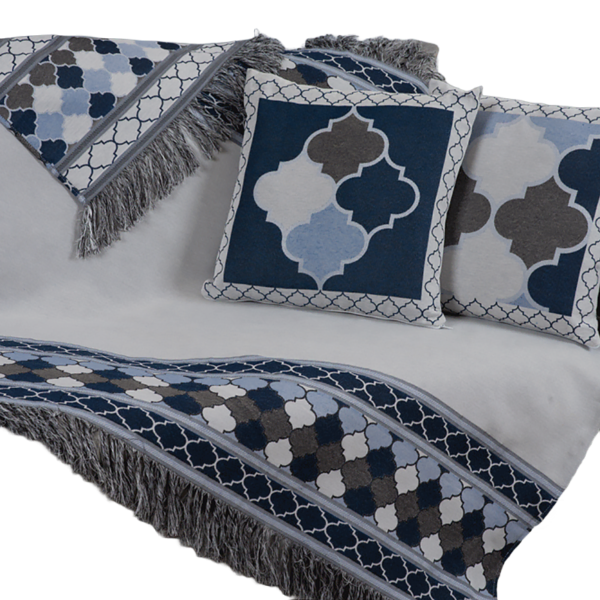 Xale Para Sofá Manta 5 Peças Grécia com Almofadas Cheias em Tecido Jacquard Azul - Imagem 3