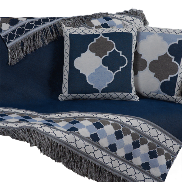 Xale Para Sofá Manta 5 Peças Grécia com Almofadas Cheias em Tecido Jacquard Azul