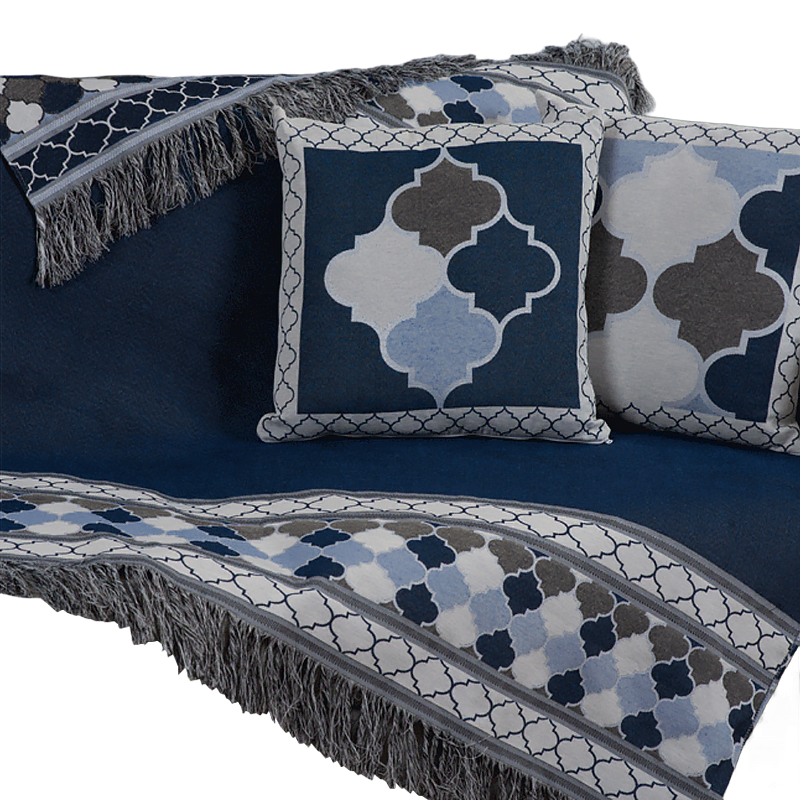 Xale Para Sofá Manta 5 Peças Grécia com Almofadas Cheias em Tecido Jacquard Azul