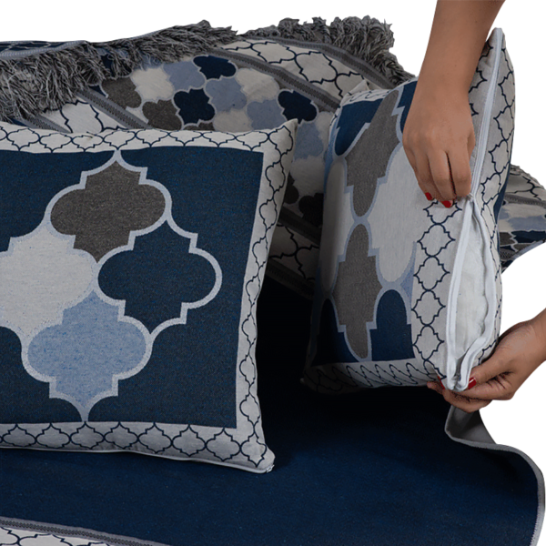 Xale Para Sofá Manta 5 Peças Grécia com Almofadas Cheias em Tecido Jacquard Azul - Imagem 2