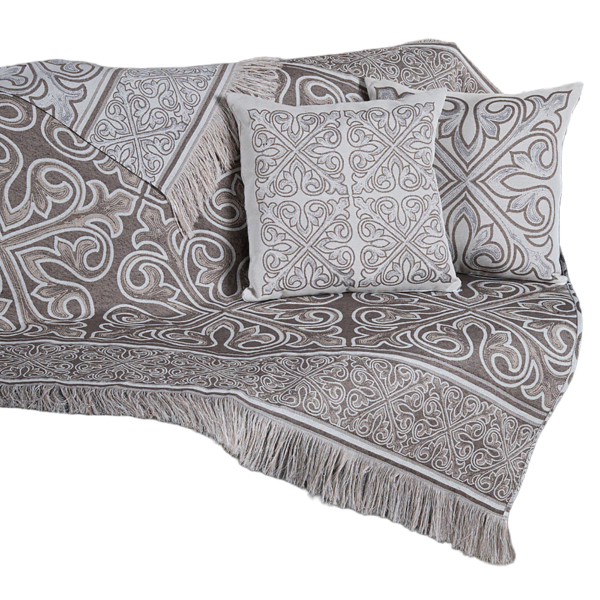 Xale Para Sofá Manta 5 Peças Grécia com Almofadas Cheias em Tecido Jacquard Cáqui