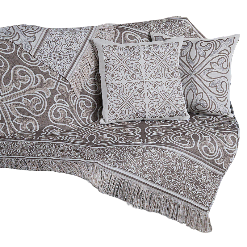 Xale Para Sofá Manta 5 Peças Grécia com Almofadas Cheias em Tecido Jacquard Cáqui