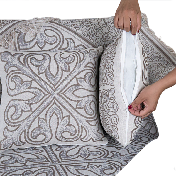 Xale Para Sofá Manta 5 Peças Grécia com Almofadas Cheias em Tecido Jacquard Cáqui - Imagem 4