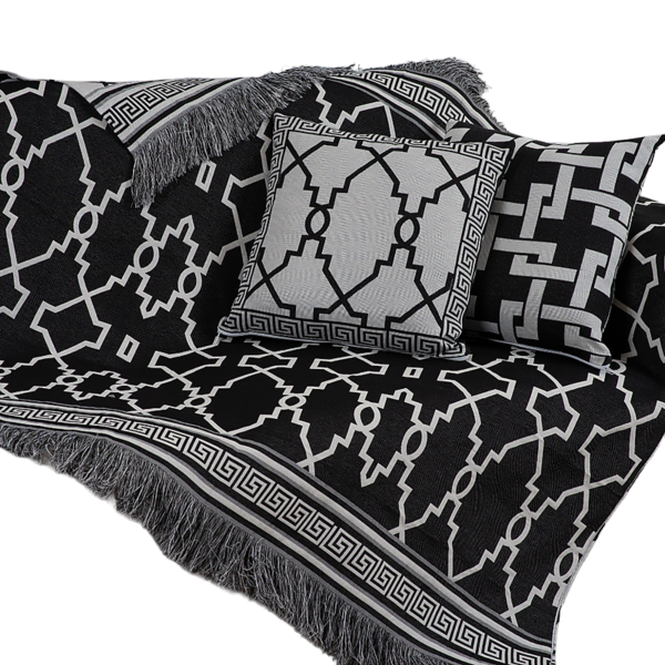 Xale Para Sofá Manta 5 Peças Grécia com Almofadas Cheias em Tecido Jacquard Preto