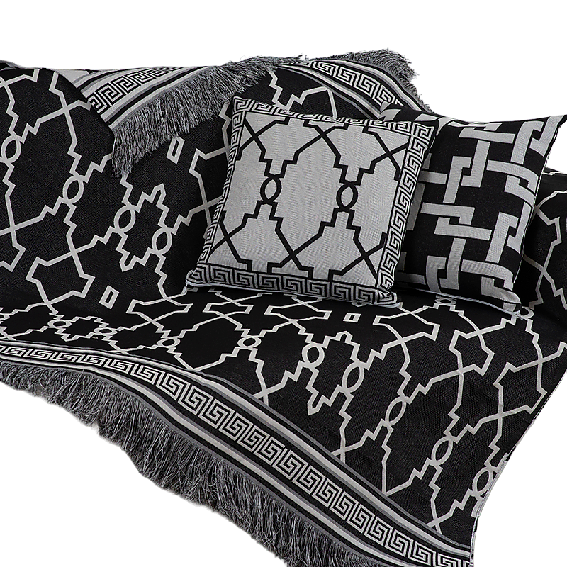 Xale Para Sofá Manta 5 Peças Grécia com Almofadas Cheias em Tecido Jacquard Preto