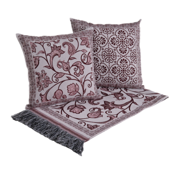 Xale Para Sofá Manta 5 Peças Grécia com Almofadas Cheias em Tecido Jacquard Cor Vinho - Imagem 4