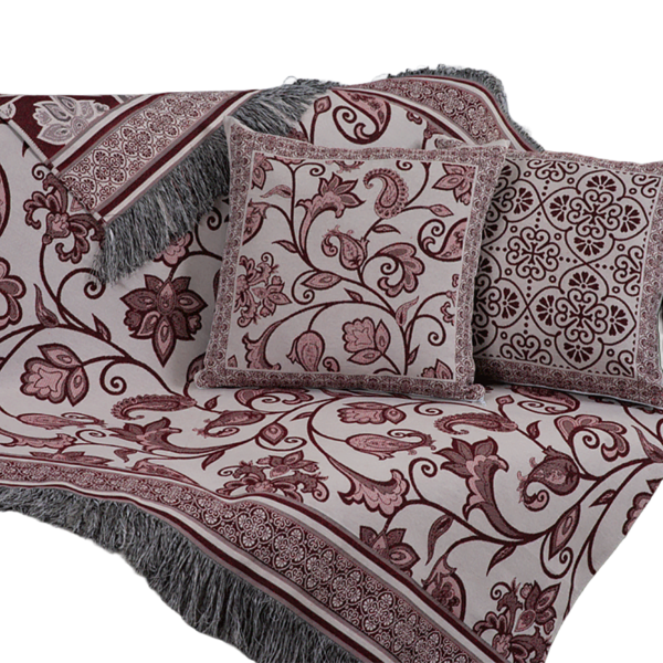 Xale Para Sofá Manta 5 Peças Grécia com Almofadas Cheias em Tecido Jacquard Cor Vinho - Imagem 2