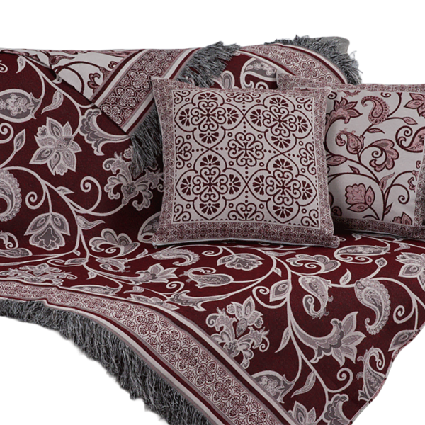 Xale Para Sofá Manta 5 Peças Grécia com Almofadas Cheias em Tecido Jacquard Cor Vinho