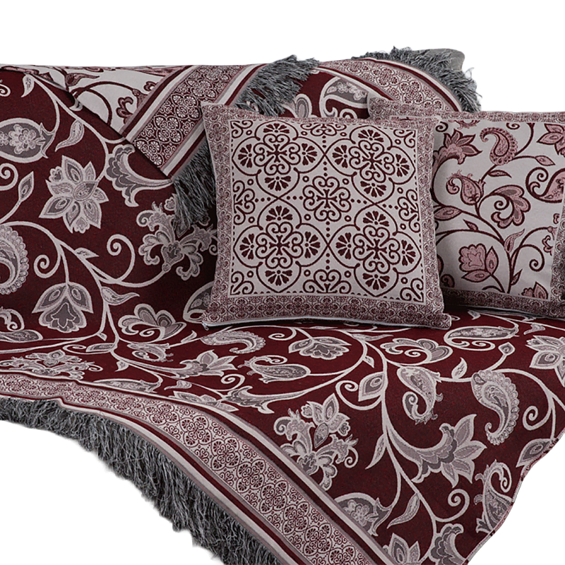 Xale Para Sofá Manta 5 Peças Grécia com Almofadas Cheias em Tecido Jacquard Cor Vinho